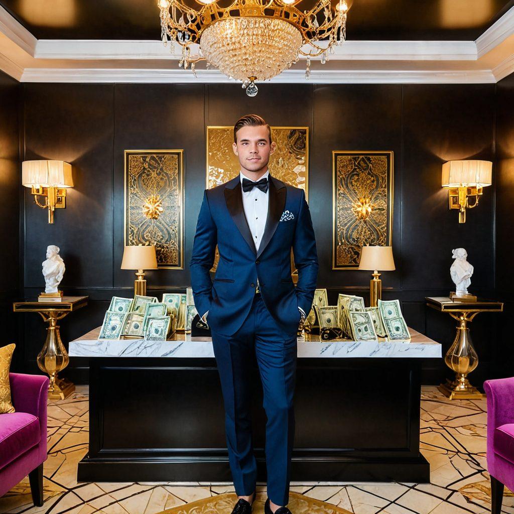 A confident individual standing in an opulent room filled with luxurious adult-themed decor, holding a wallet overflowing with cash and indulgent items. Vibrant colors surrounding the person show a blend of financial symbols like dollar signs and playful adult items. The background features elegant lighting and plush furnishings to emphasize a lifestyle of empowerment and pleasure. super-realistic. vibrant colors. luxurious atmosphere.