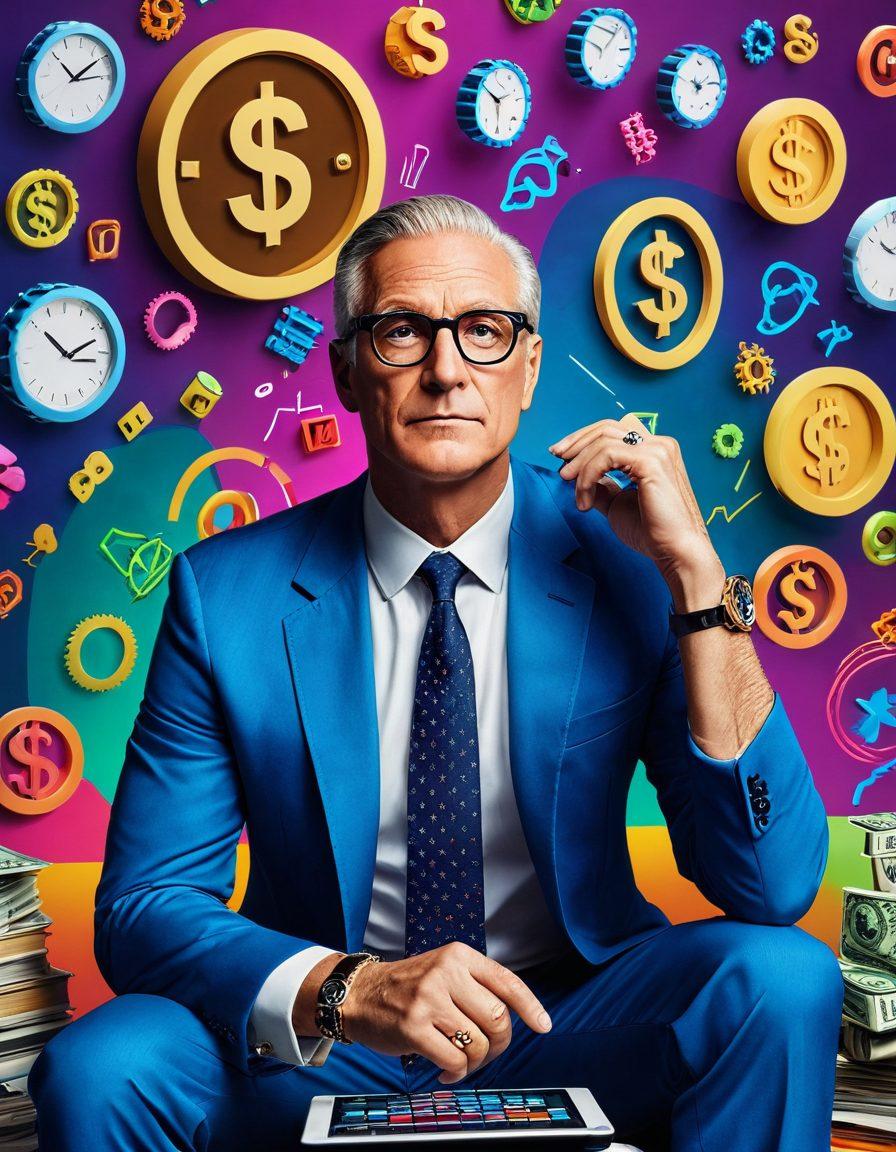 An inspiring image of a confident, mature individual brainstorming strategies, surrounded by symbols of wealth like dollar signs, growth charts, and luxury items. The background features a blend of vibrant colors representing creativity and passion, with a subtle nod to the content industry, such as cameras or editing tools. The overall composition should evoke a sense of empowerment and ambition. super-realistic. vibrant colors. dynamic background.