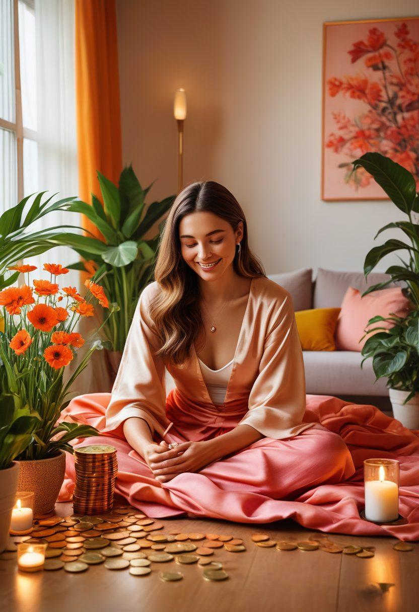 A serene landscape depicting a person joyfully managing their finances, surrounded by symbols of financial growth like blooming plants and floating coins. In the background, subtle yet vibrant hints of sensuality, like soft, flowing fabrics and warm candlelight, enhance the theme of sexual wellness. The person is both relaxed and empowered, reflecting a harmonious balance between financial stability and personal pleasure. vivid colors. modern illustration.